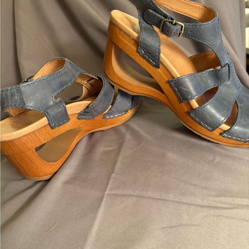 Dansko Blue Leather Strappy Wedge Sandals - Picture 6 of 8